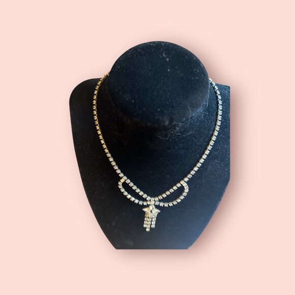 Gold-Tone Rhinestone Necklace With Drape Pendant And Secure Clasp - Picture 2 of 6